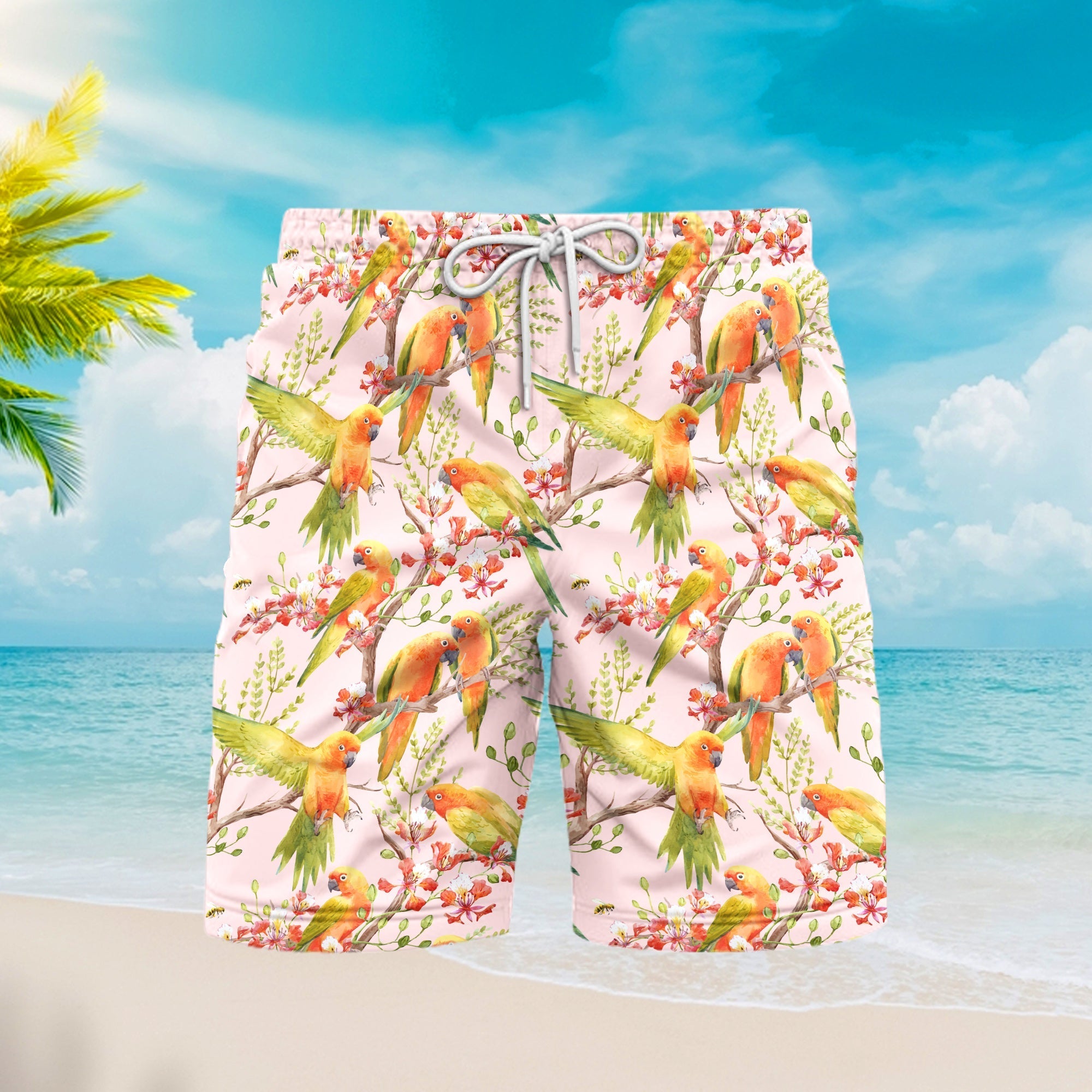 Parrots Flower Beach Shorts For Men