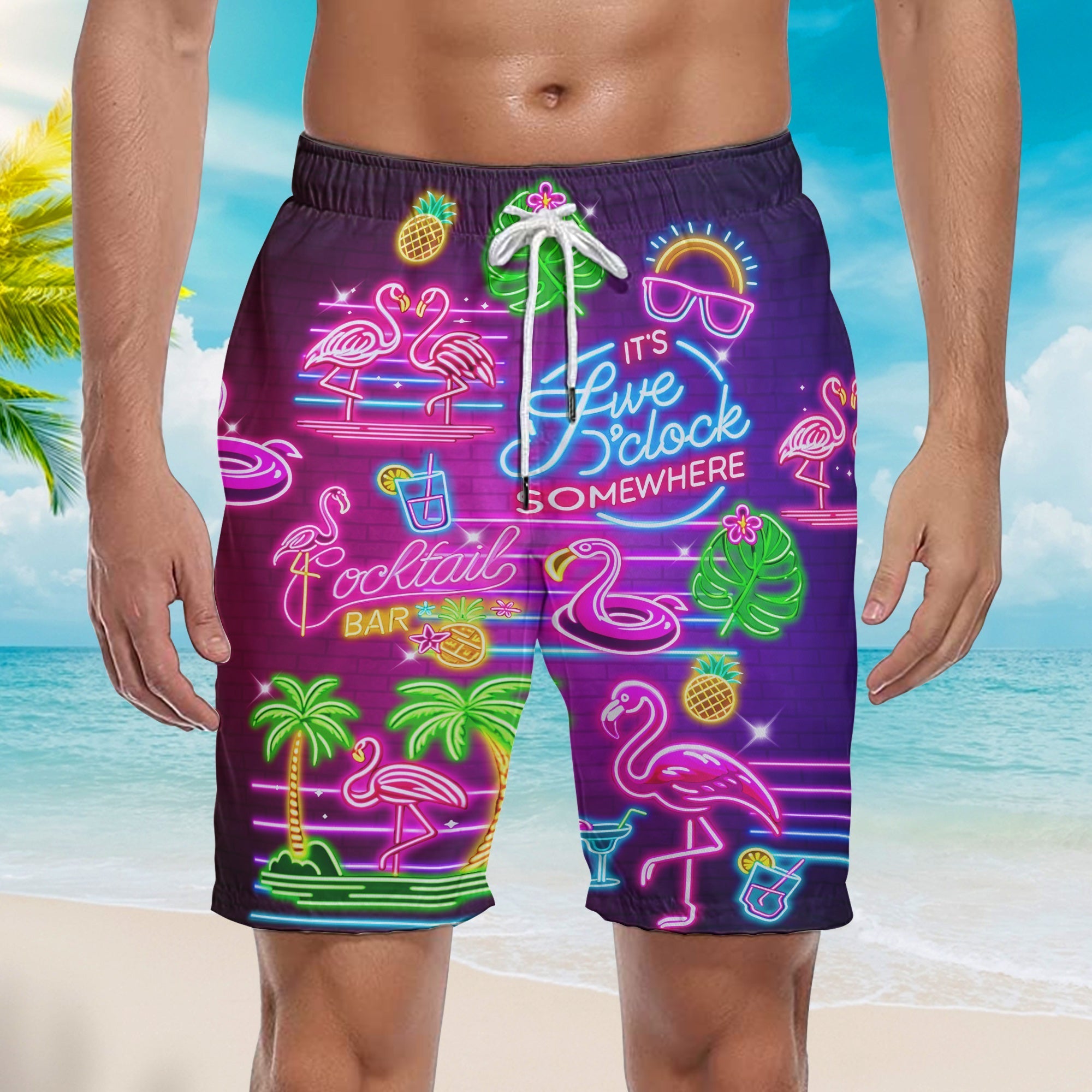 Flamingo Neon Five O'clock Somewhere Beach Shorts For Men