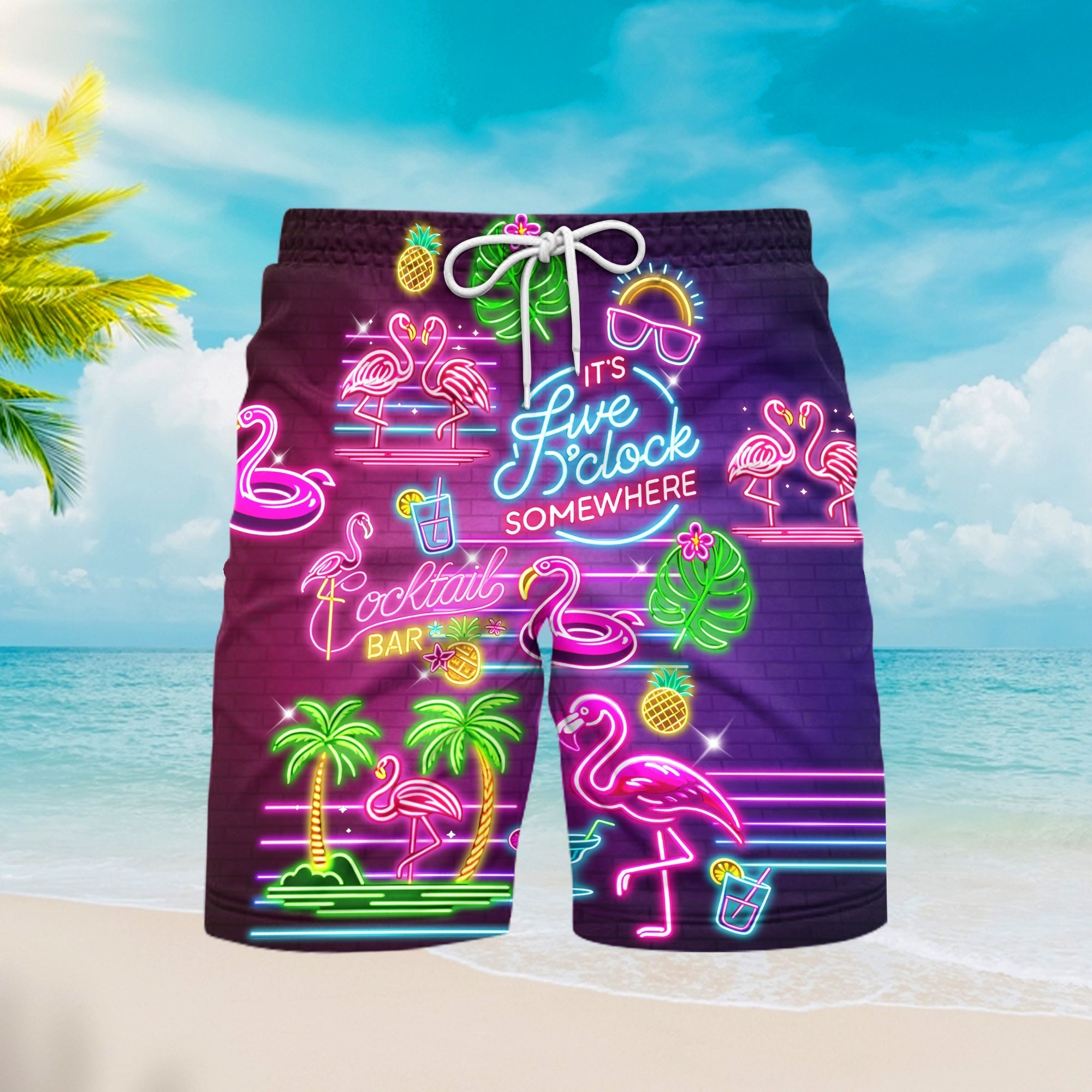 Flamingo Neon Five O'clock Somewhere Beach Shorts For Men