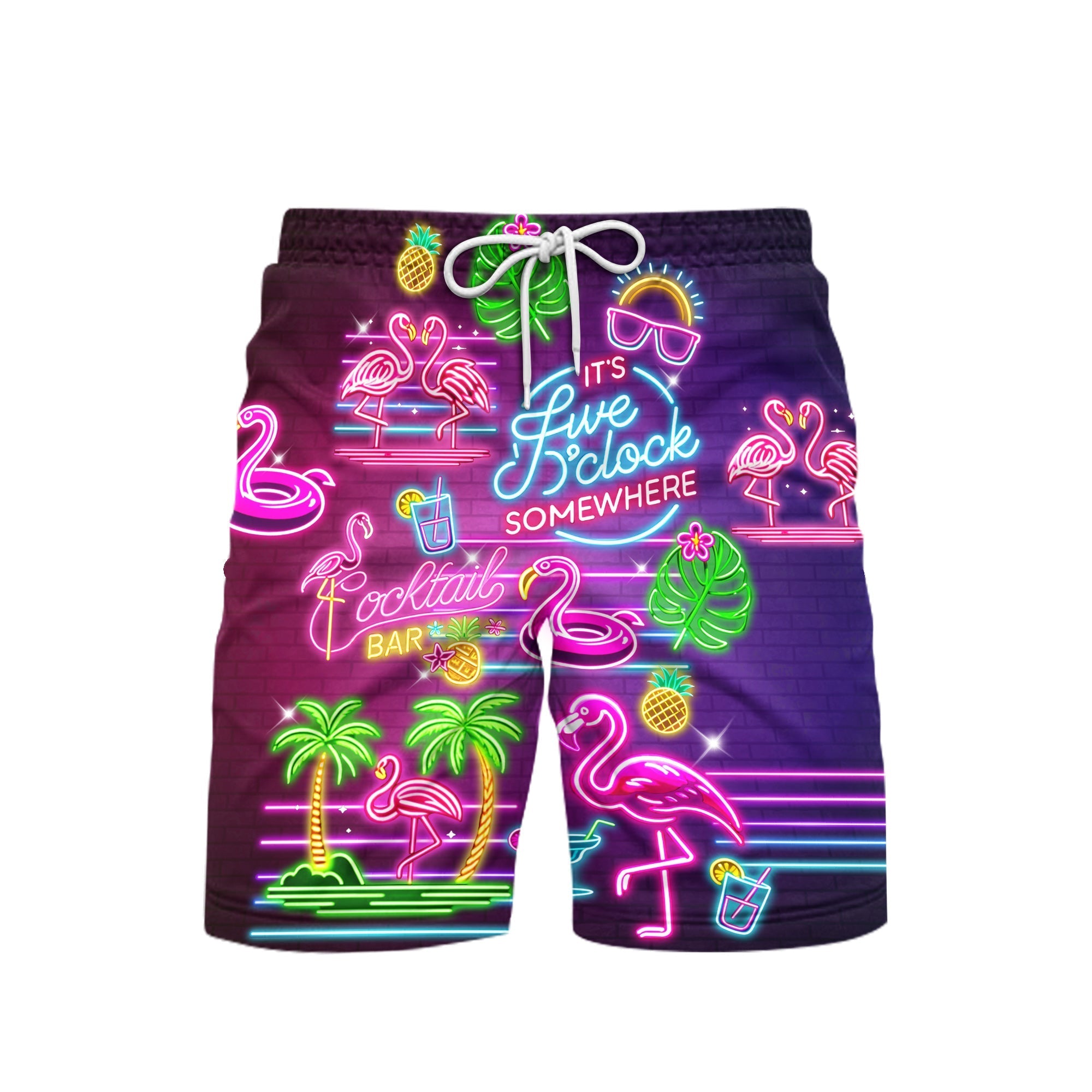 Flamingo Neon Five O'clock Somewhere Beach Shorts For Men