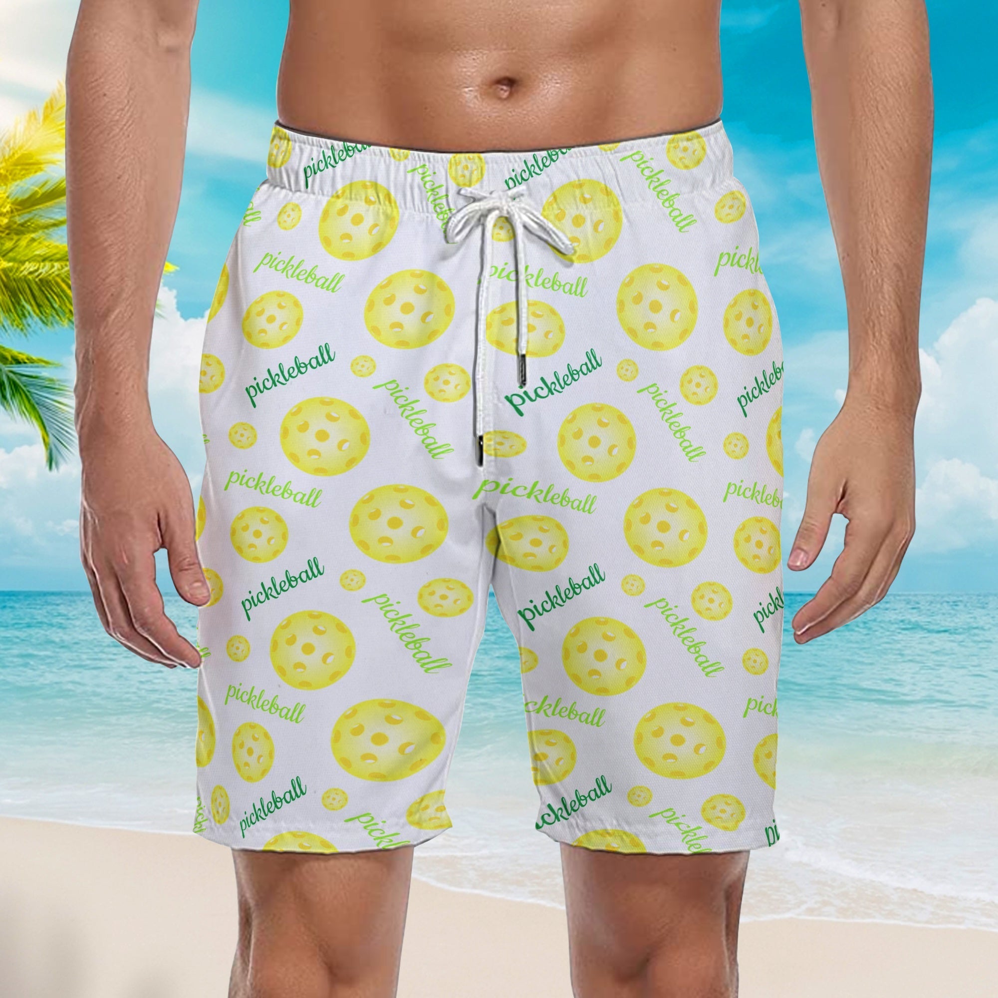 Bright Yellow Pickleball Balls Beach Shorts For Men