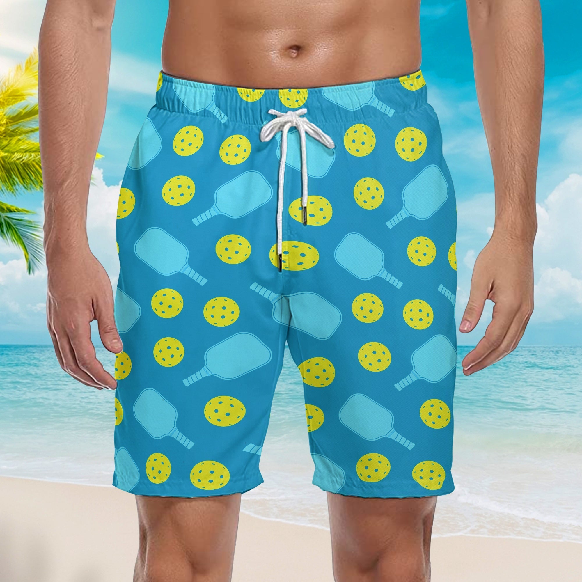 Green Pickleball Balls Paddles Beach Shorts For Men