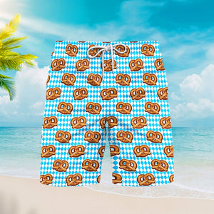 Oktoberfest Pretzels Blue Checkered Beach Shorts For Men 