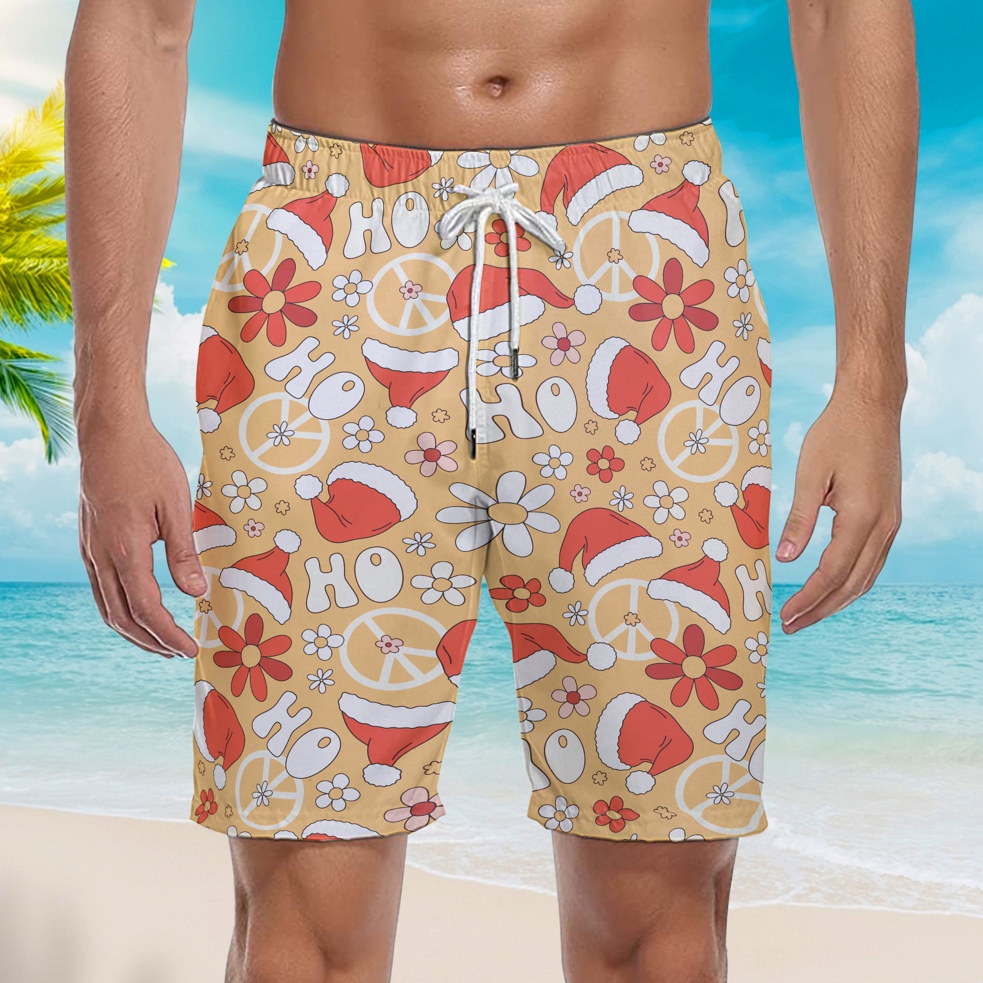 Flower Christmas Santa Hat Beach Shorts For Men