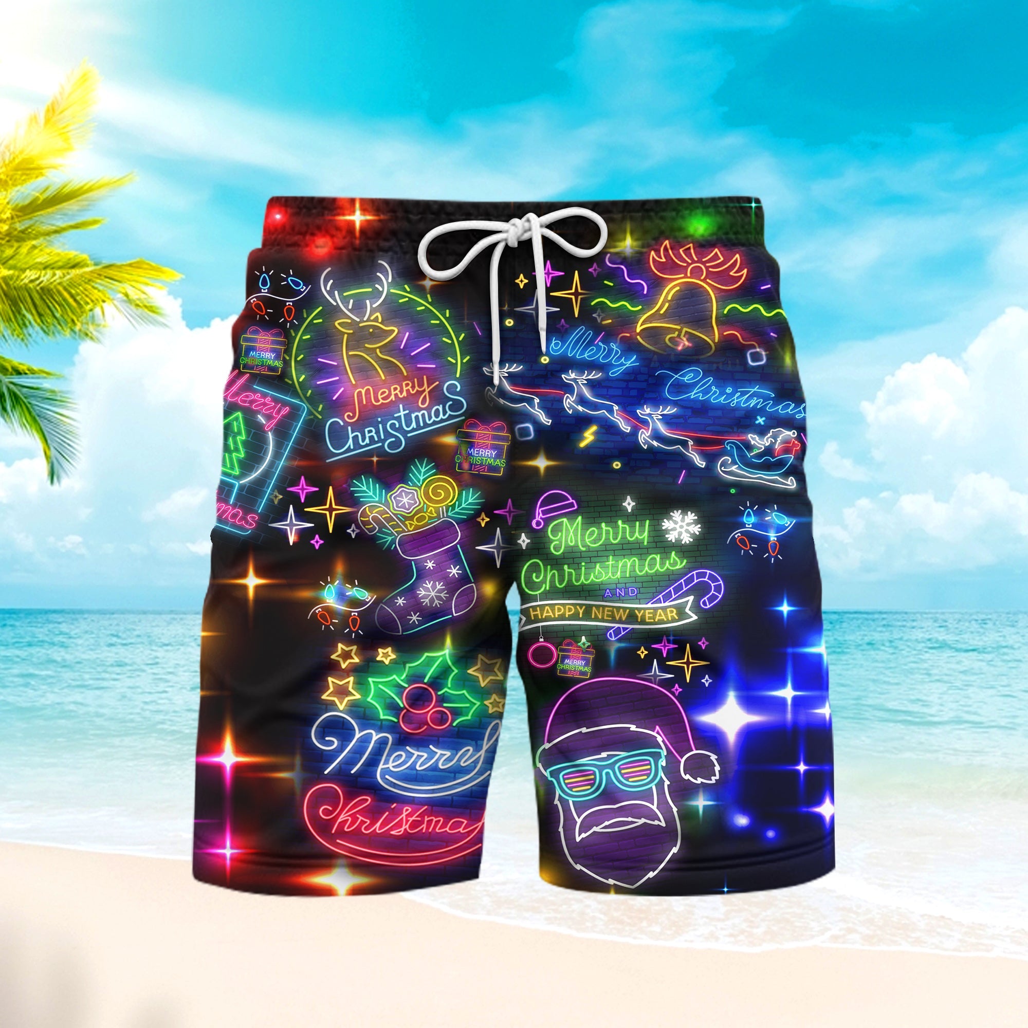 Neon Merry Christmas And Happy New Year Colorful Lights Beach Shorts
