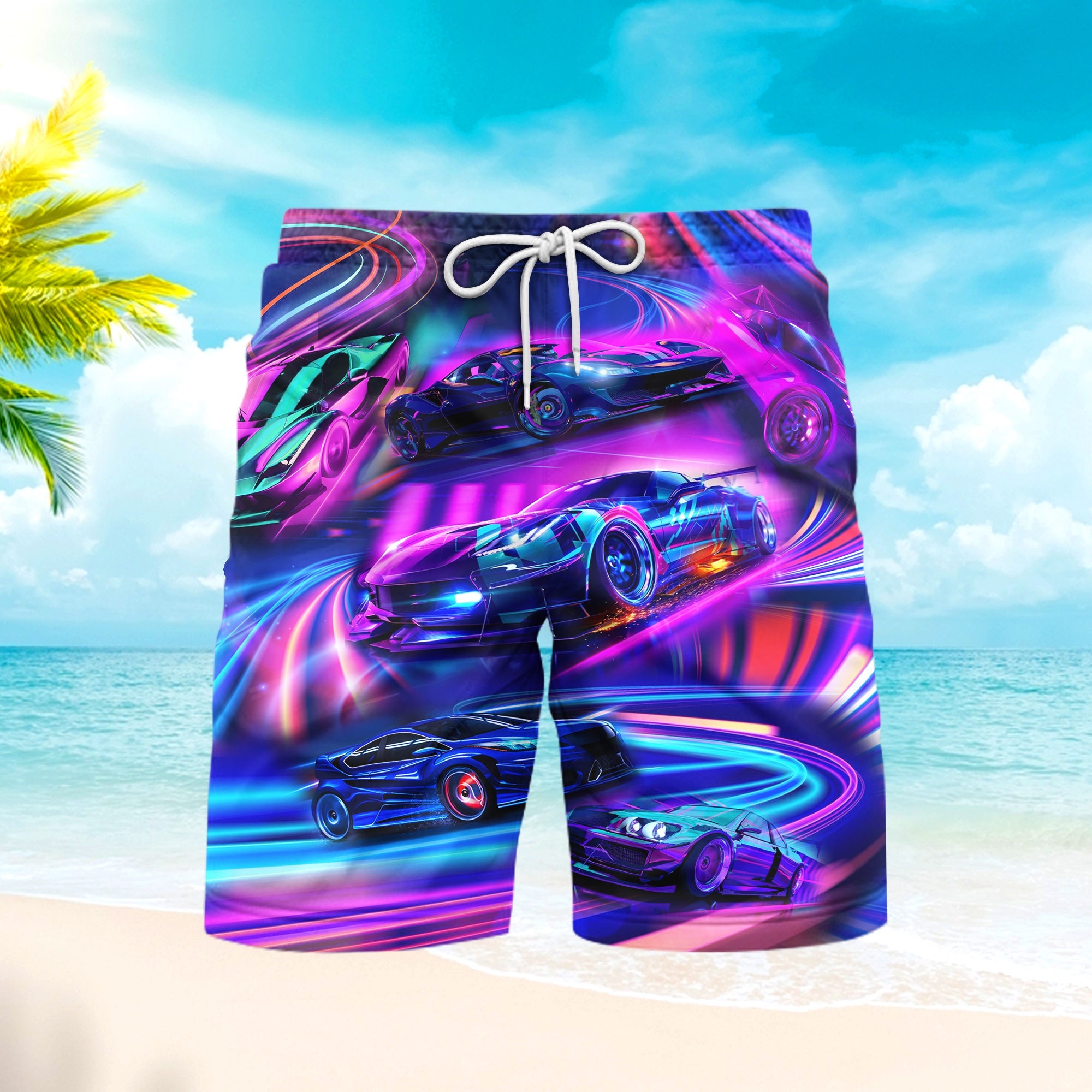 Car Neon Rave Colorful Car Racing With Mesh Lining Beach Shorts